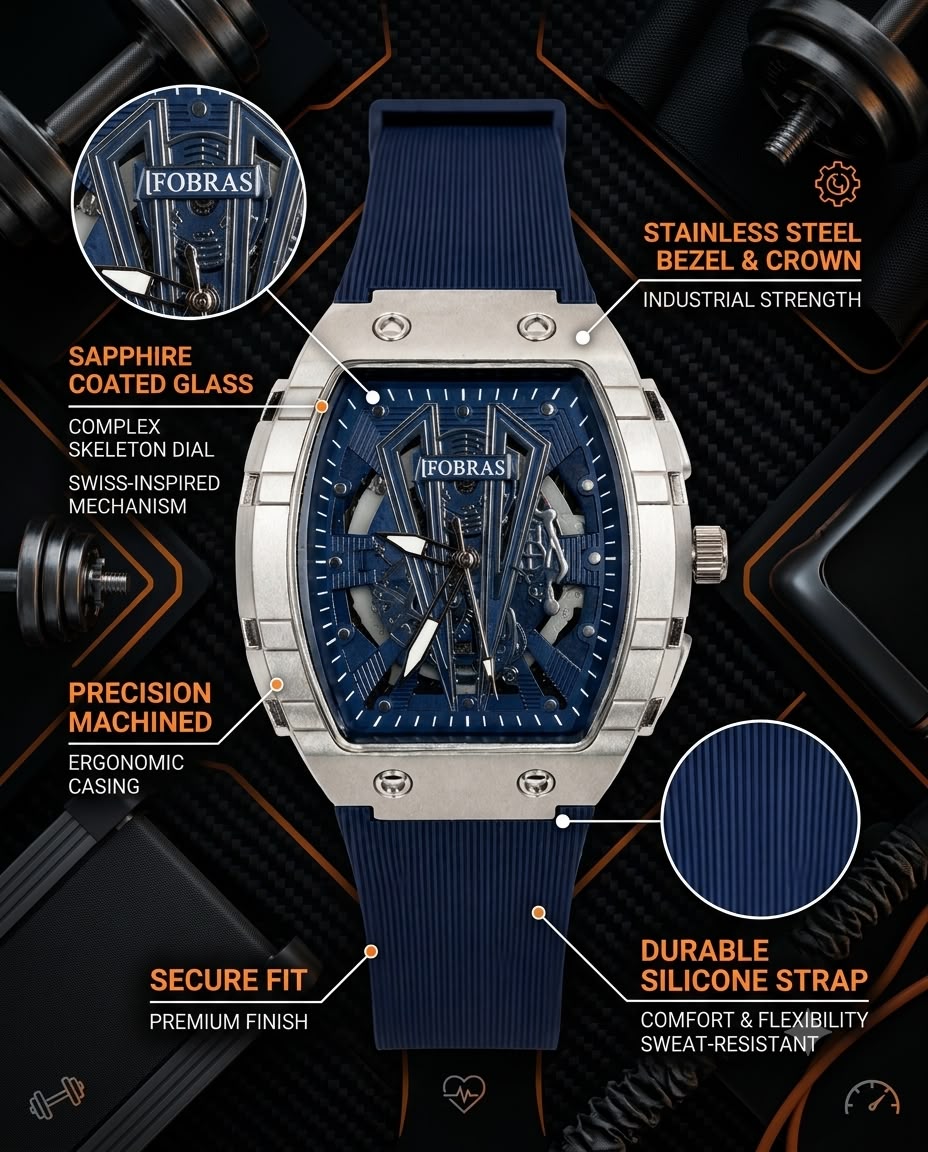 Luxury Blue Skeleton Automatic Watch – Stainless Steel Case with Silicone Strap**