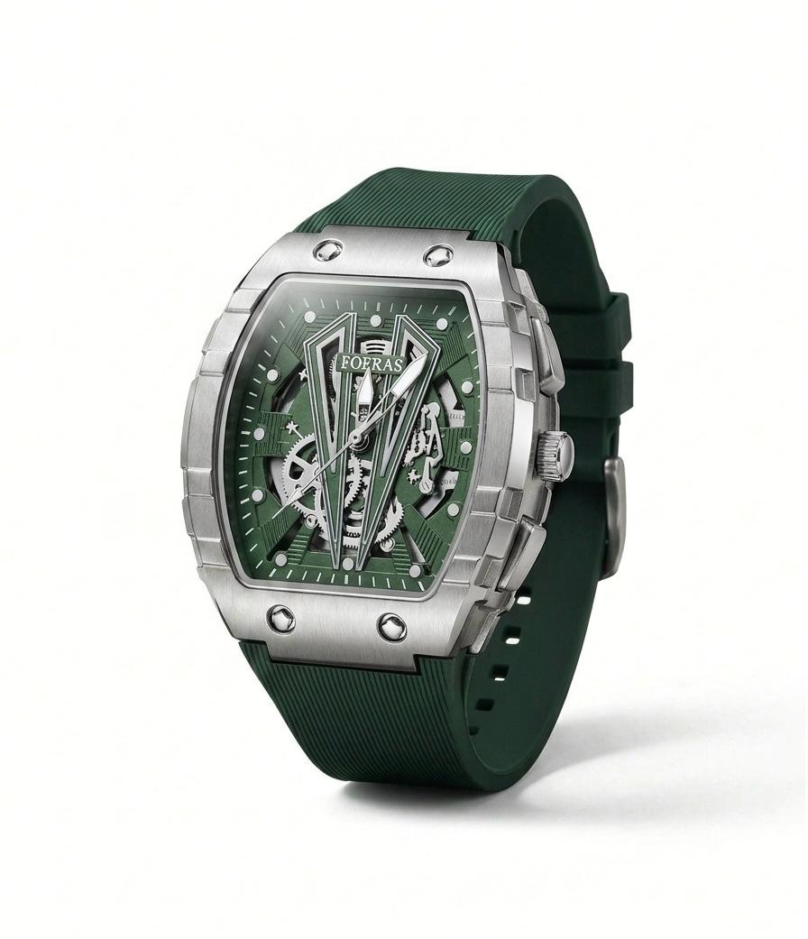 Luxury Green Skeleton Automatic Watch – Stainless Steel Case with Silicone Strap**