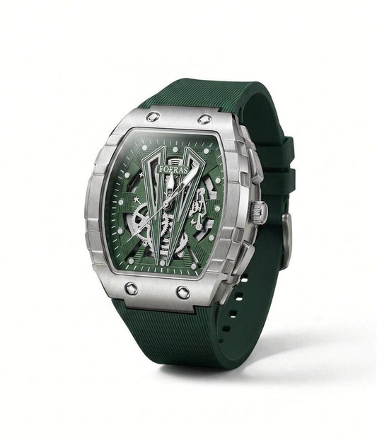 Luxury Green Skeleton Automatic Watch – Stainless Steel Case with Silicone Strap**
