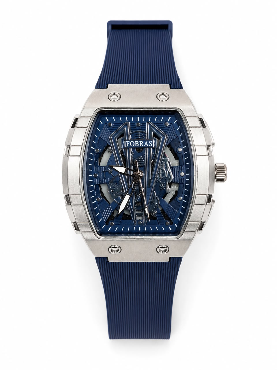 Luxury Blue Skeleton Automatic Watch – Stainless Steel Case with Silicone Strap**