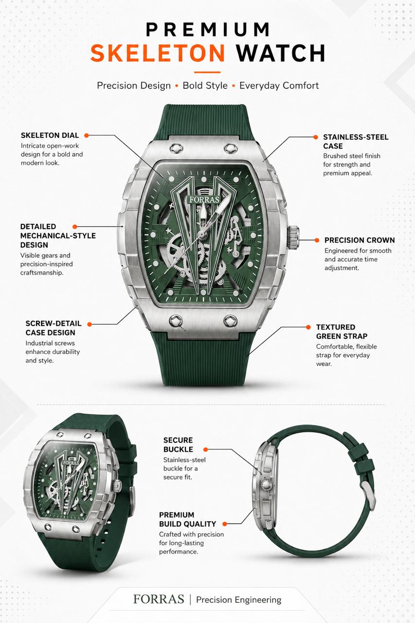 Luxury Green Skeleton Automatic Watch – Stainless Steel Case with Silicone Strap**