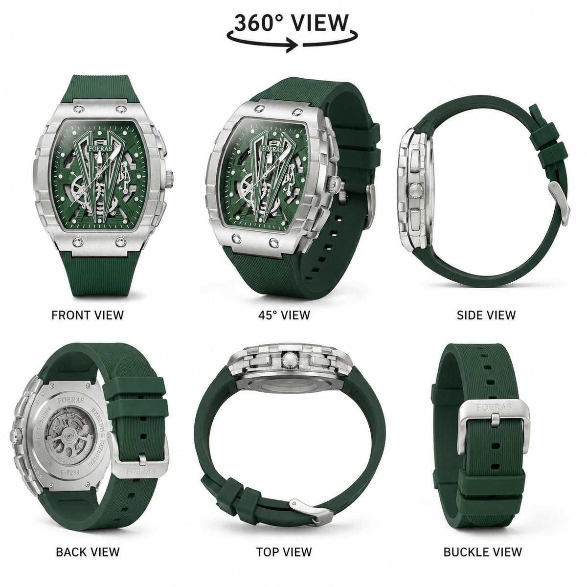 Luxury Green Skeleton Automatic Watch – Stainless Steel Case with Silicone Strap**