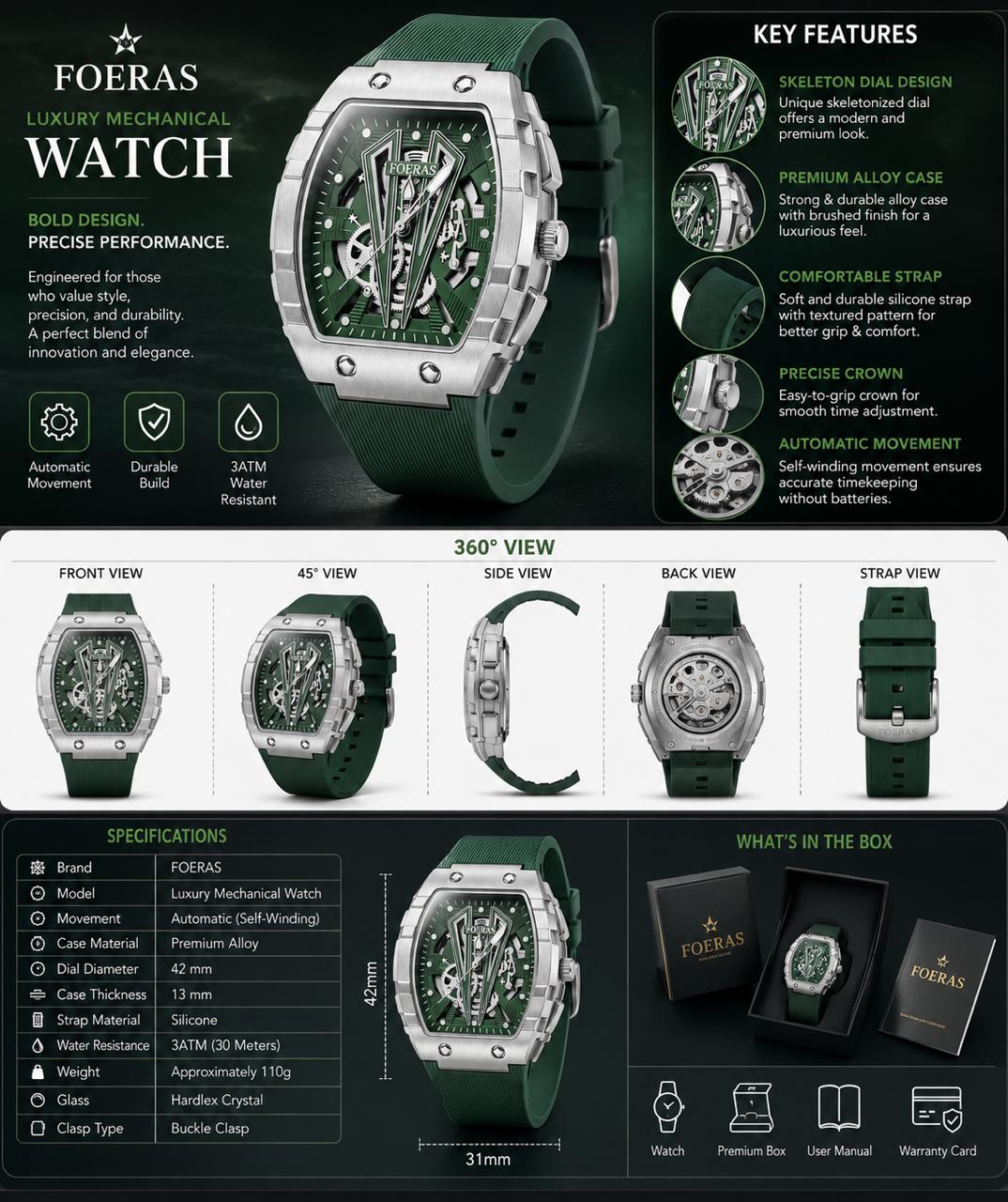 Luxury Green Skeleton Automatic Watch – Stainless Steel Case with Silicone Strap**
