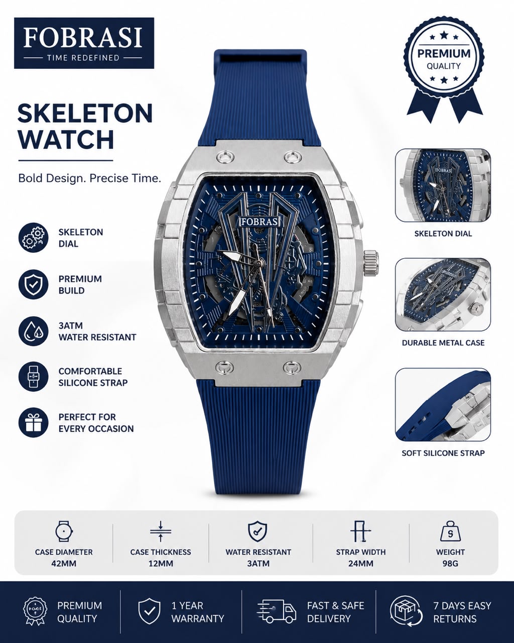 Luxury Blue Skeleton Automatic Watch – Stainless Steel Case with Silicone Strap**