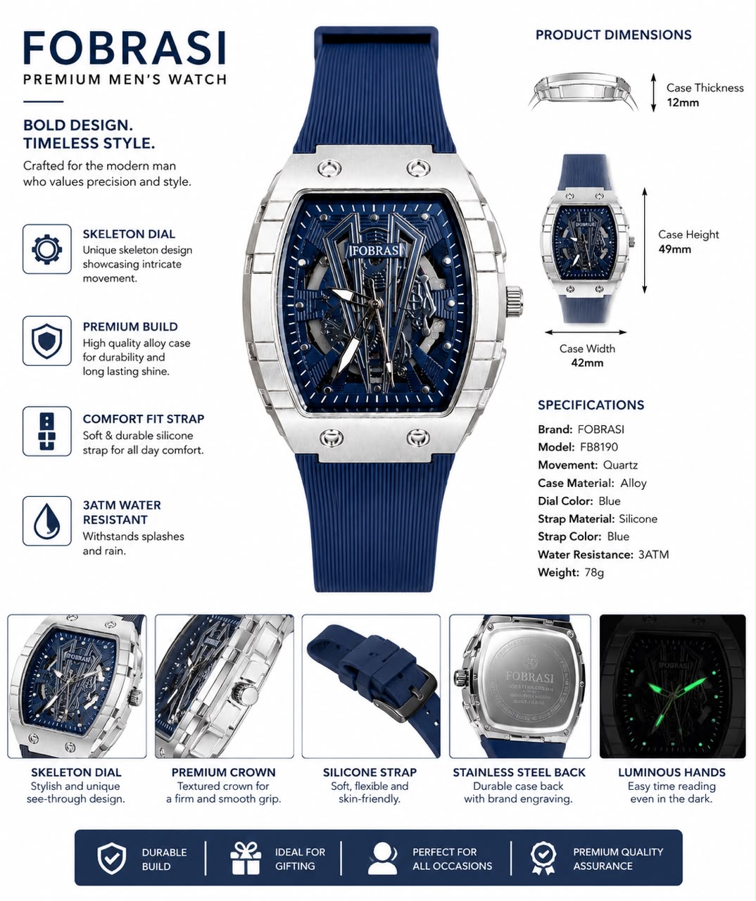 Luxury Blue Skeleton Automatic Watch – Stainless Steel Case with Silicone Strap**