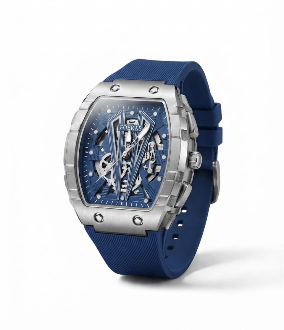 Luxury Blue Skeleton Automatic Watch – Stainless Steel Case with Silicone Strap**